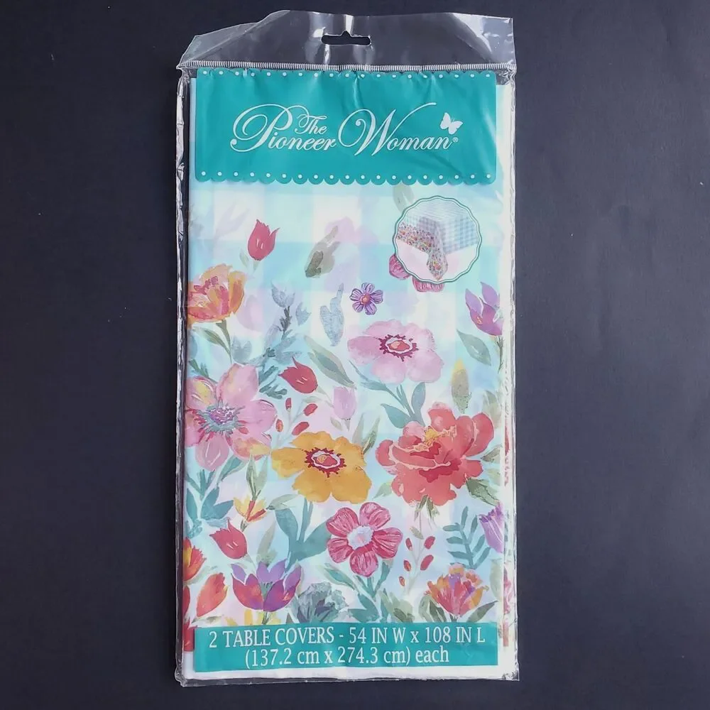 Pioneer Woman Plastic Table Cover 54 x 108 Blooming Plaid Tablecloth 2 in Pack